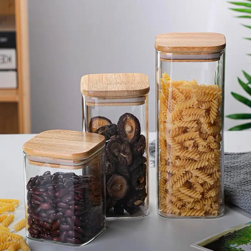 1X Square Glass Jars with Bamboo Lids Glass Airtight Kitchen Canisters Set Food Storage Container Pantry Spice Flour Storage Jar 4