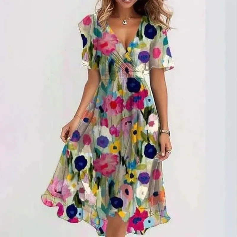 Robe femme imprimée florale col V élégante décontractée tendance 2026