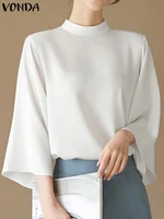 VONDA Elegant Women Blouse Autumn Fashion Tunic Tops Stylish Casual Stand Collar 3/4 Flare Sleeve Office Shirts Oversized Blusas - Image 2
