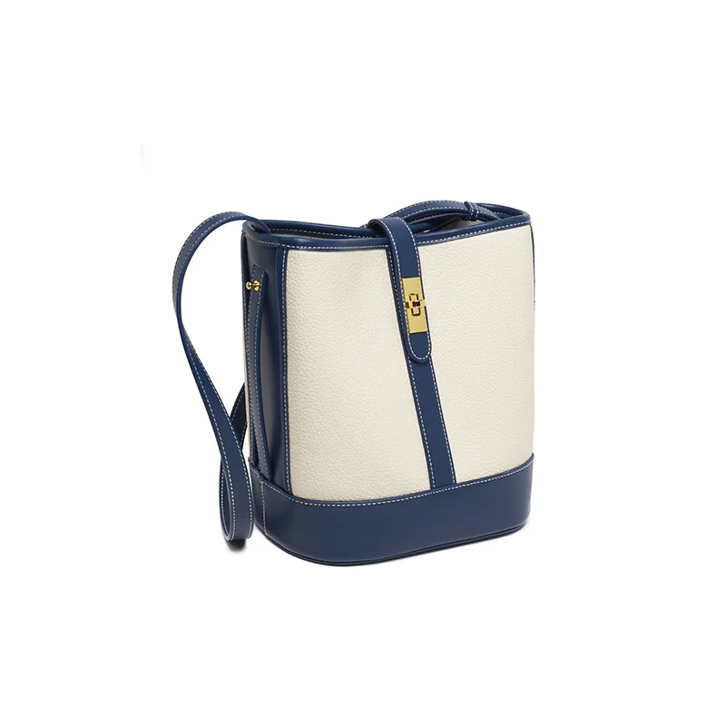 Maxdutti Fashion Retro Canvas Stitching Soft Leather Shoulder Messenger Bag Large Capacity Bucket Bag Female Commuter Versatile