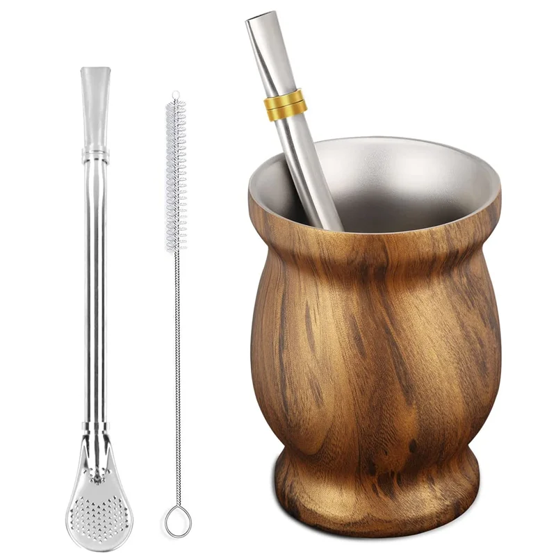 260mlYerbaMateGourdTeaCupStainlessSteelDoubleWalledTeacupSet