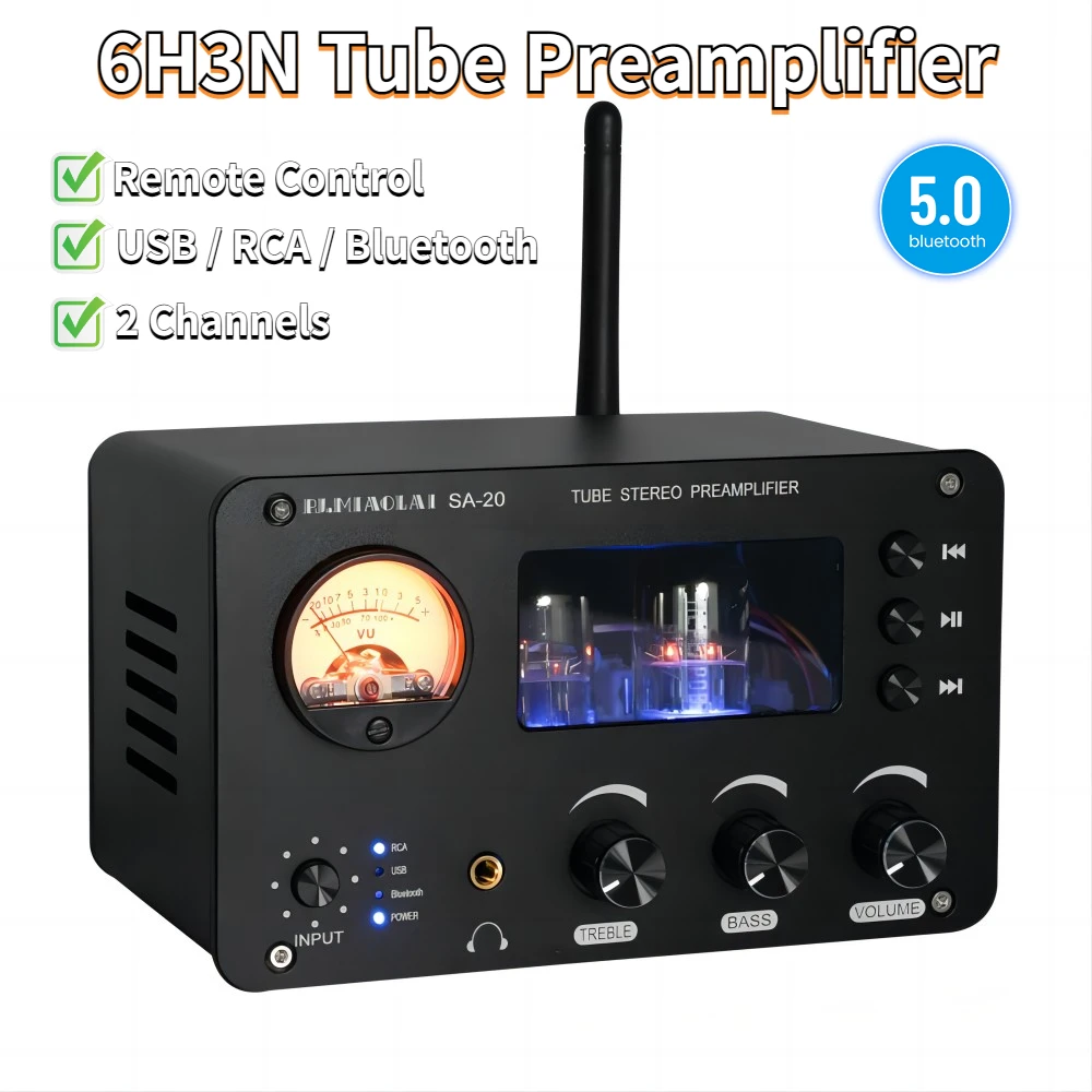 Bluetooth Tube Preamplifier Amplifiers 2 Channels HiFi 6H3N Tube Preamp for Speaker Sound Amplifier Audio Home Theater Karaoke