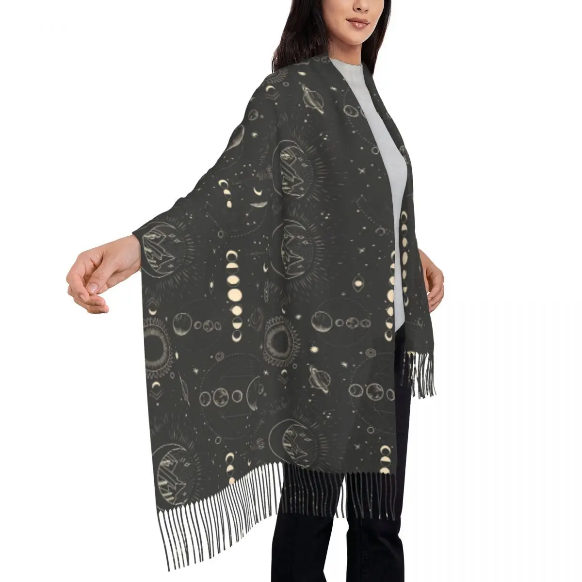 

Female Scarf Keep Warm Symbol Zodiac Headwear Scarves with Tassel Vintage Sun Moon Popular Shawl Wraps Autumn Graphic Bandana