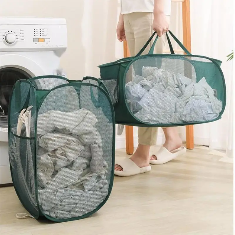 Handy Laundry Mesh Popup Hamper Foldable Lightweight Basket For Washing Durable Clothing Storage 1pc