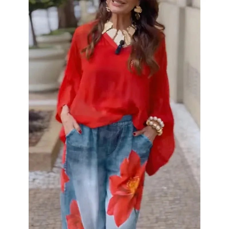 جينز غير رسمي مطبوع عليه زهور للنساء 2025 ملابس خروج واسعة الساق جيوب مرنة الخصر سراويل جينز قيعان 179536