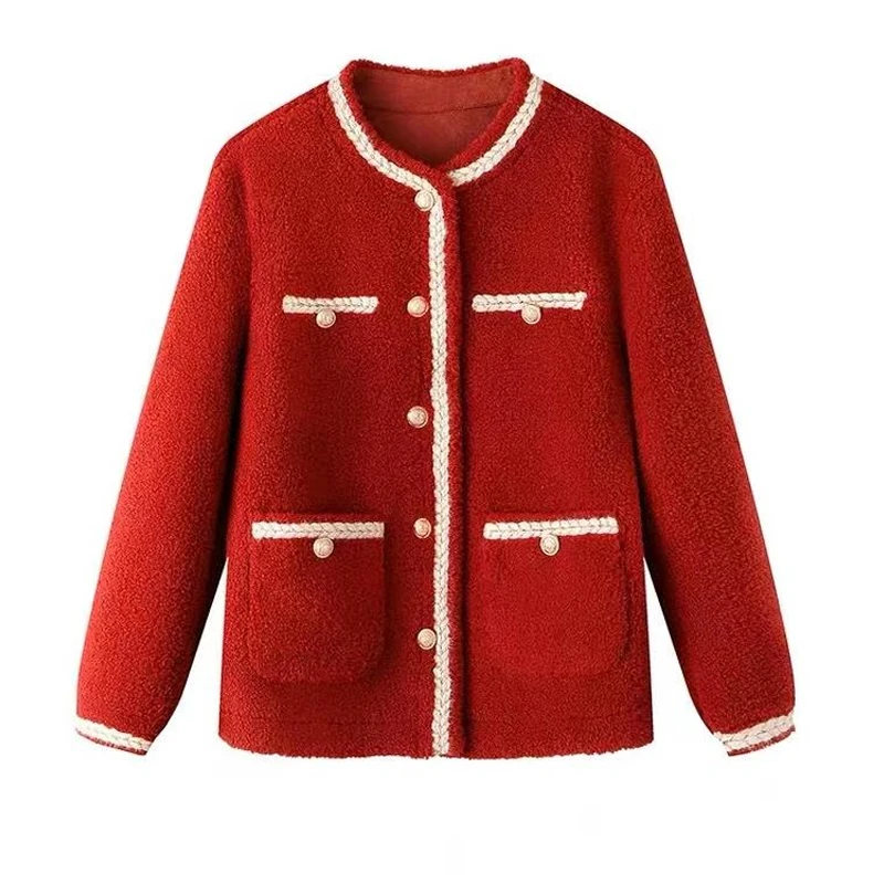 New Red Wool Coat Sweet Women Fashion Vintage Button O-neck Single Breasted Casual Long Sleeve Solid Outerwear