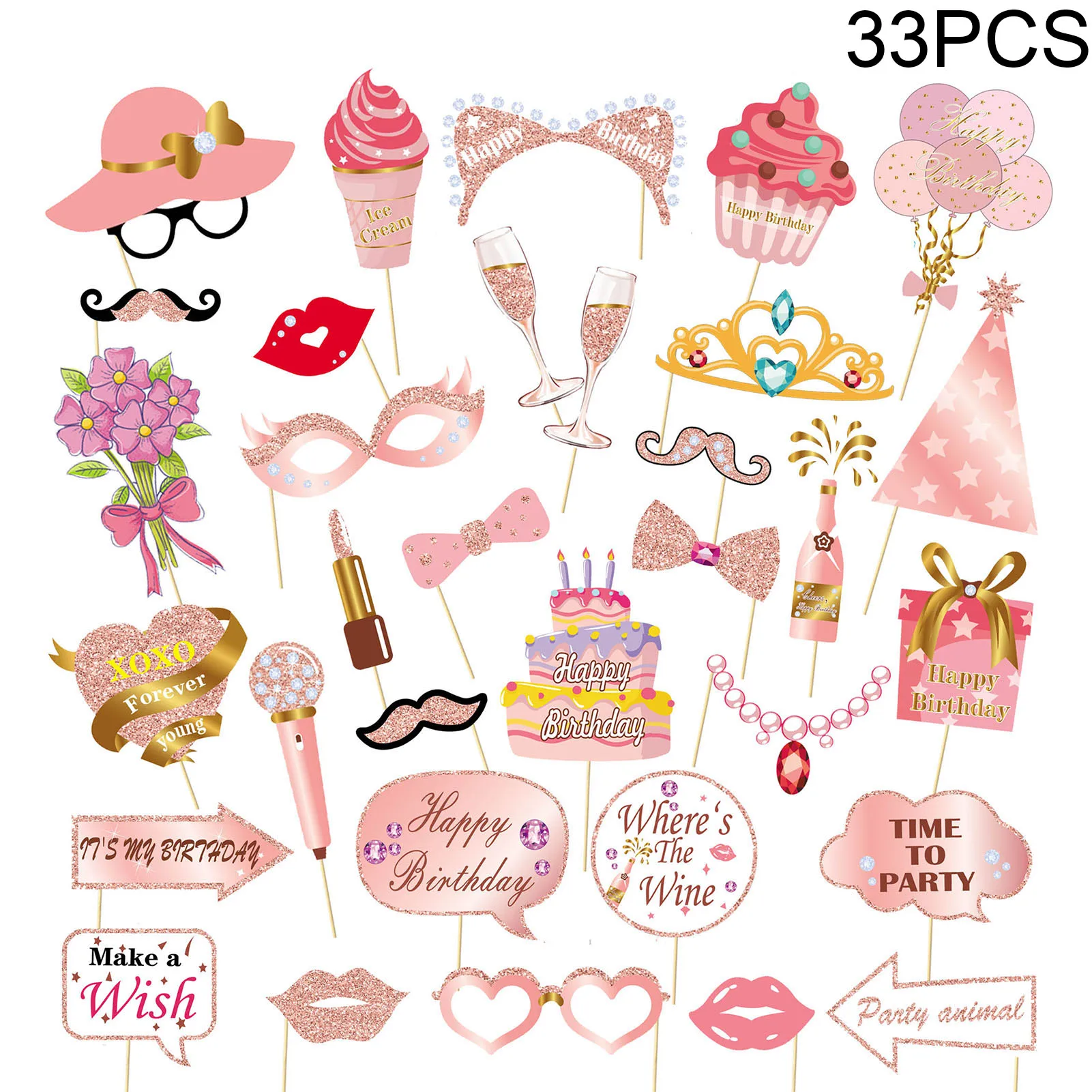 

Памятные бумажные забавные очки из розового золота, 33 шт., красочные с палочками, для дня рождения, для девочек, Женский фотореквизит