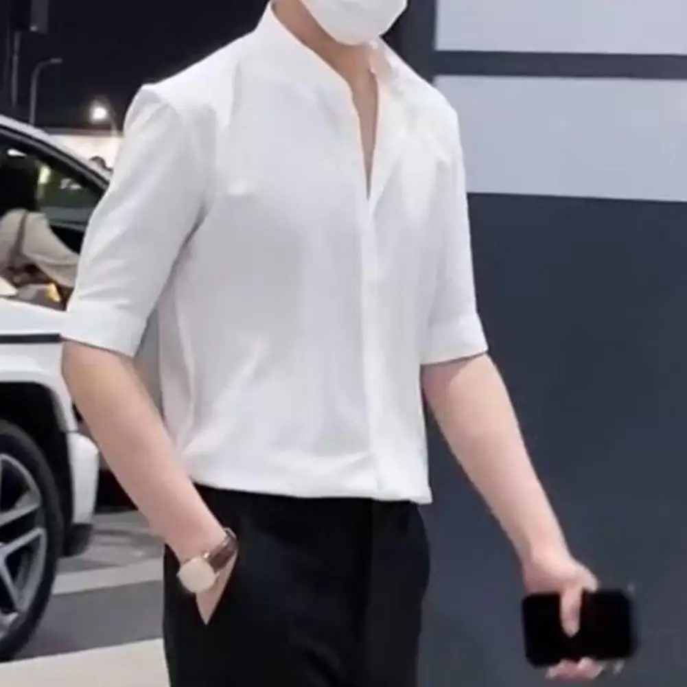 

Men Solid Color Shirt Men's Stand Collar Cardigan Shirt Slim Fit Business Style Half Sleeves Solid Color Soft Breathable for Men