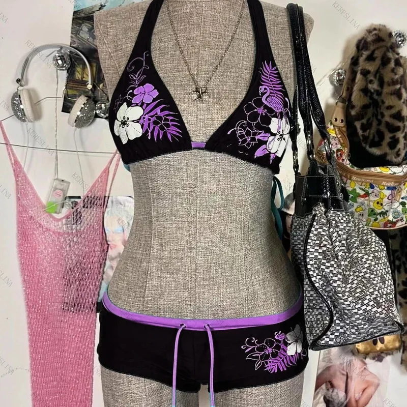 Sexy Hottie Print Laced Up Backless Bikini 2 Piece Set