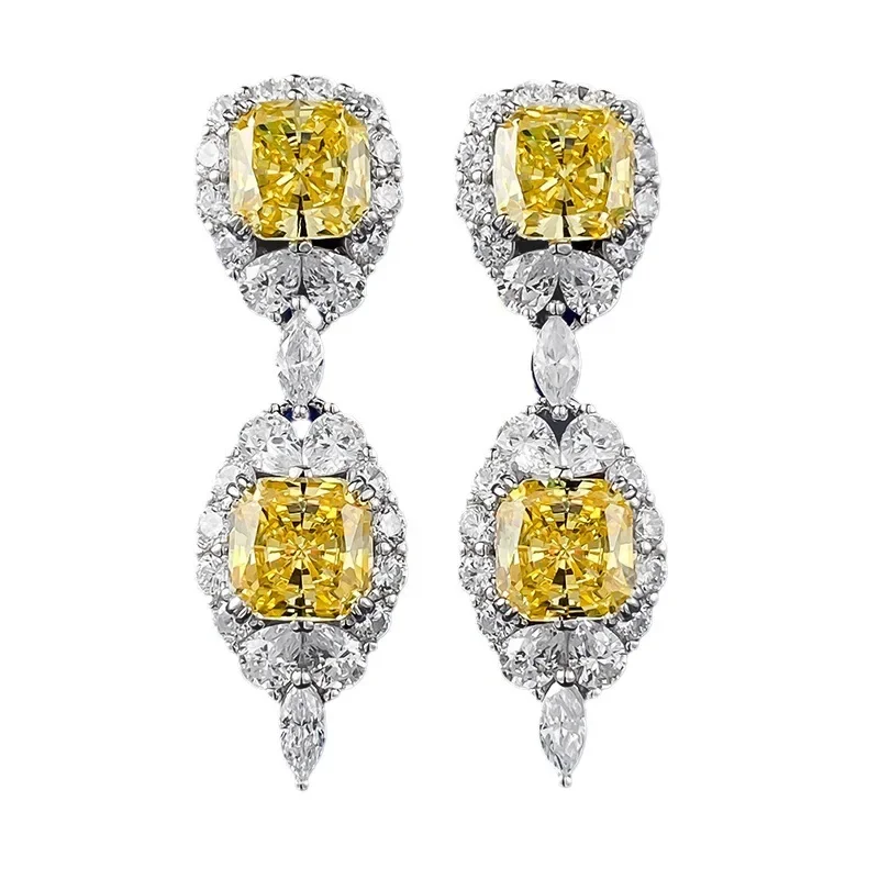 

Spring Qiaoer Luxury 925 Sterling Silver 7*7MM Lab Sapphire Citrine Gemstone Drop Earrings for Women Fine Jewelry Wedding Gift