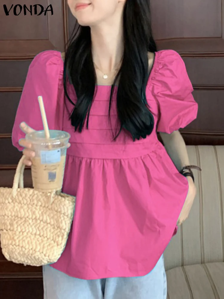 

Fashion Solid Color Tops Blouse 2023 VONDA Fashion Women Short Puff Sleeve Shirts Casual Loose Blouse Female Blusas Oversized