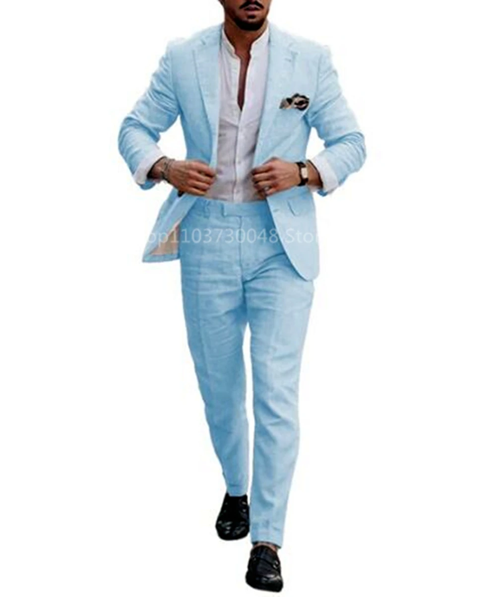 High Quality 2 Piece Casual Beige Linen Men Suits Single Breasted Slim Fit Notch Lapel Blazer with Pants Wedding Costume Homme