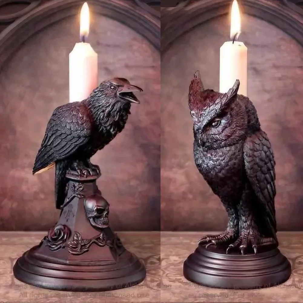 

Halloween Owl Crow Candle Holder Gothic Candlestick Desktop Ornaments Resin Home Decoration Antique Craft Statue