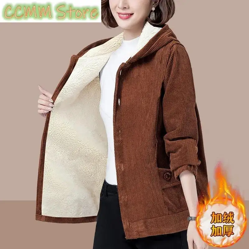 2023 Solid Color Spring Autumn Corduroy Jacket Women Winter Outwear Velvet Thick Simple Loose Jacket Mother  Hooded Warm Coat fdfklak 5xl mother gift plus velvet warm cotton padded jacket button quilted fleece fabric coat top camisole jaqueta feminina