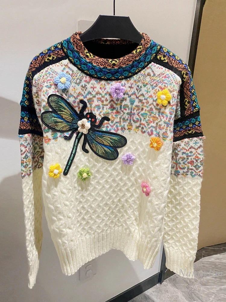 

2023 Autumn Winter New Round Neck Long Sleeve Contrast Color Twist Three-Dimensional Flower Dragonfly Loose Soft Sweater Women