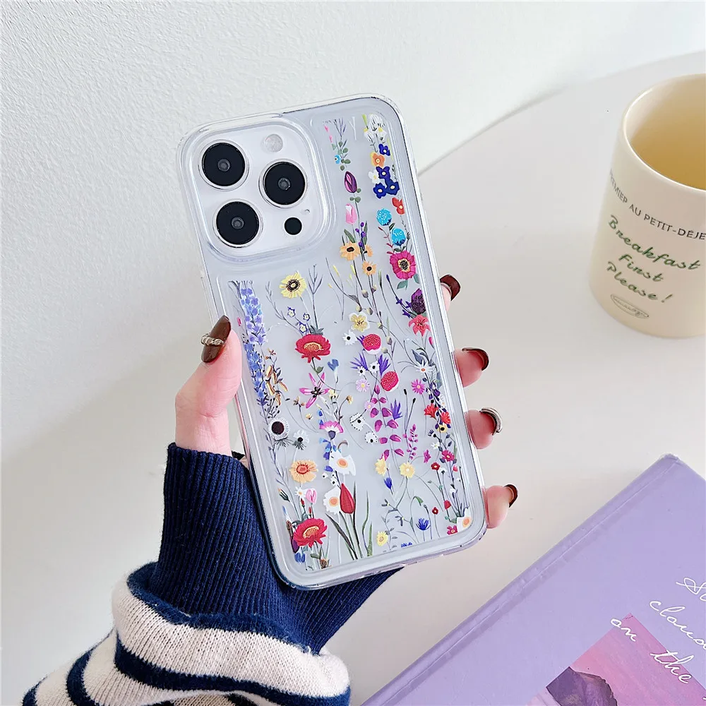 Coque de téléphone à fleurs en Silicone souple, Airbag, antichoc, Fundas pour iPhone 13 11 12 14 Pro Max 15 Plus_voghion.com