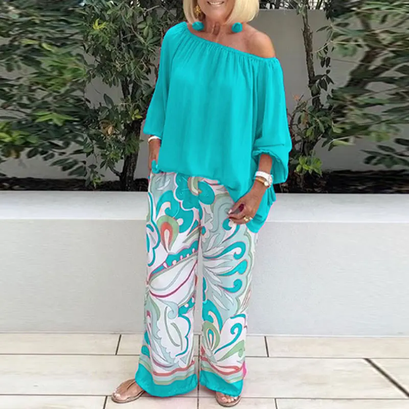 Spring summer Casual 2-piece Suit Set Women\'s Sexy Off-shoulder Shirt Blouse Top + Printed Wide-leg Pants Two-piece Suit 2024