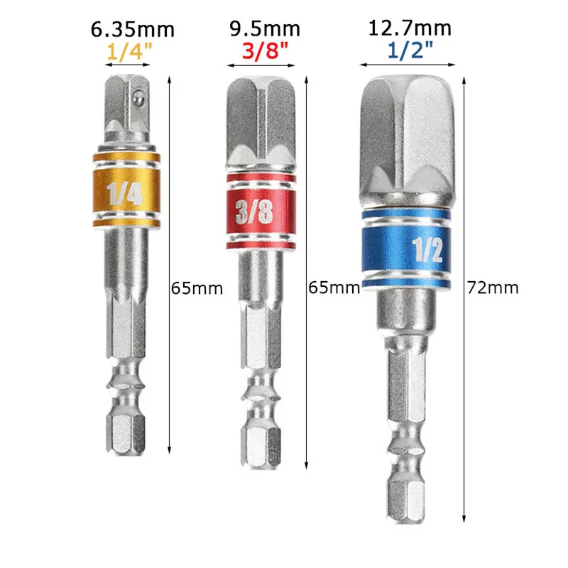 3pcs/set Chrome Vanadium Steel Socket Adapter Hex Shank 1/4" 3/8" 1/2" Extension Bits Electric Drill Heads Square Socket Drills