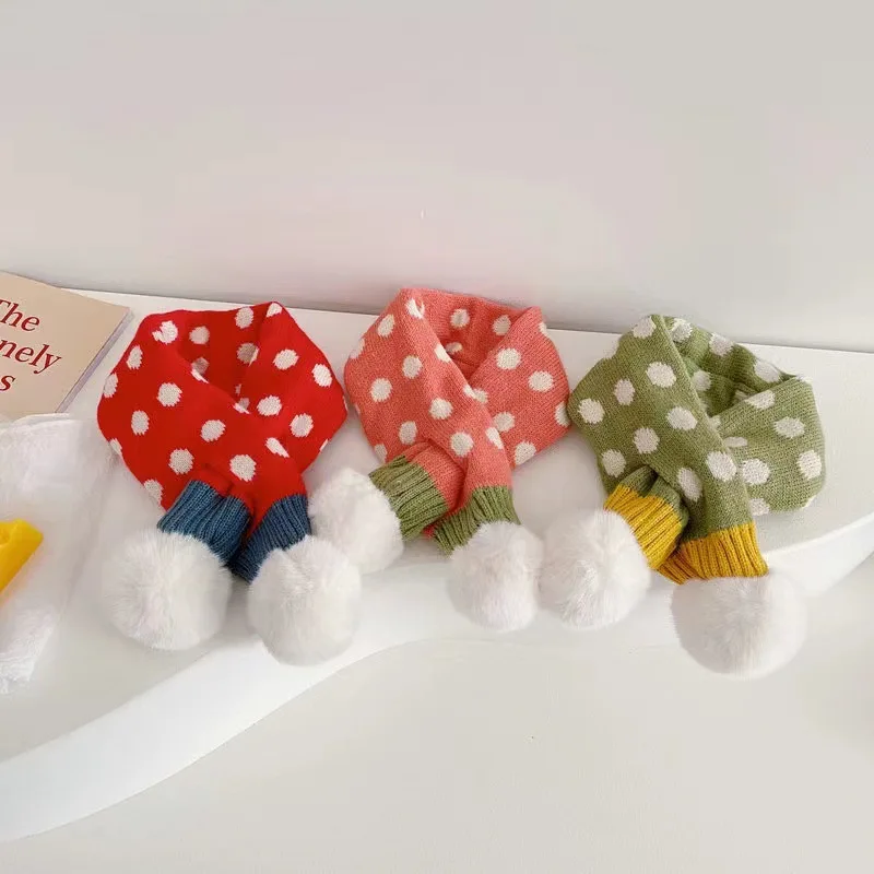 Plush Pompom Baby Scarf Winter Warm Kids Knitted Scarves 2-6 Years Boys Girls Cross Neckerchief Dot Print Children Neck Collar