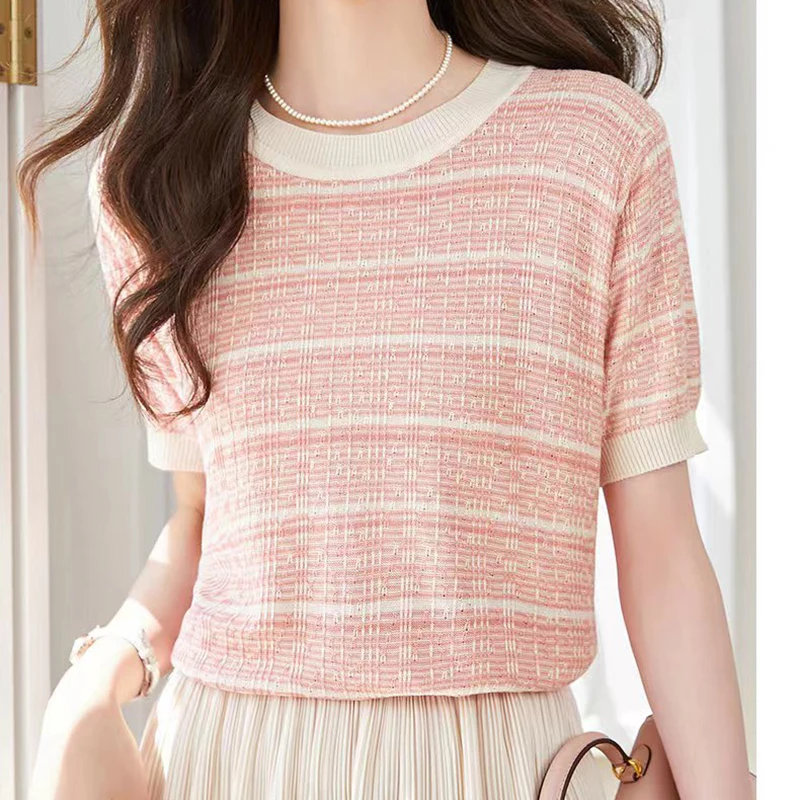 

O Neck Tshirts For Women Striped Ice Silk Knitted Short Sleeve Tops 2023 New Thin T Shirt Summer Casual Clothes Tee Shirt Femme