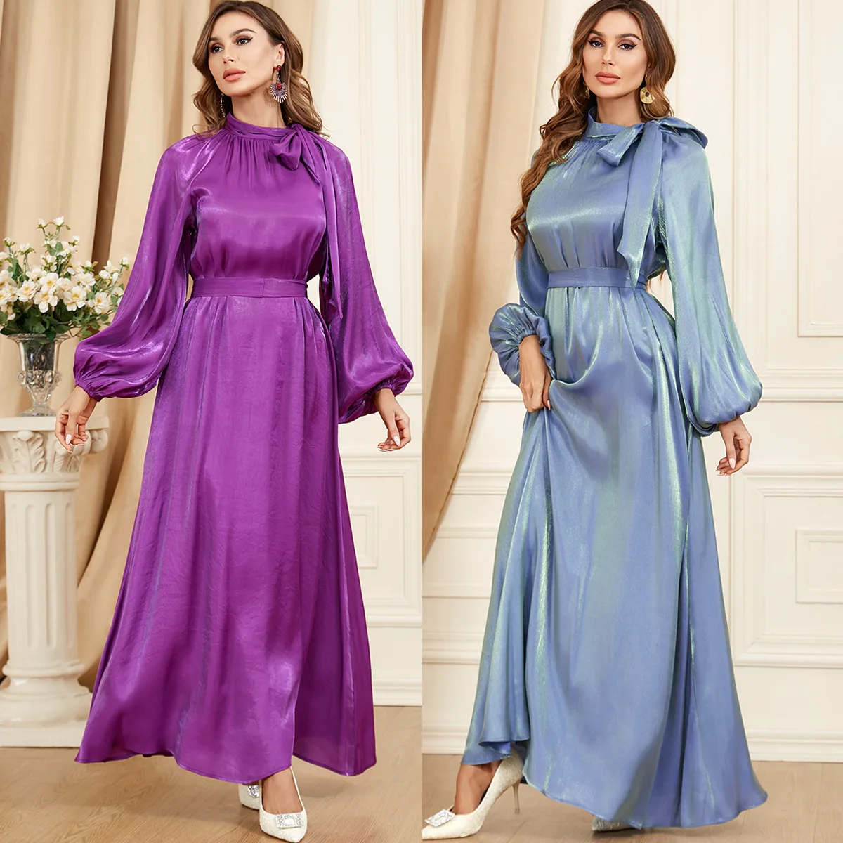 Modest Muslim Moroccan Jalabiya Dubai Arab Oman Maxi Dress for Women Brief Solid Bow Stand Collar Lantern Sleeve Robe 2024