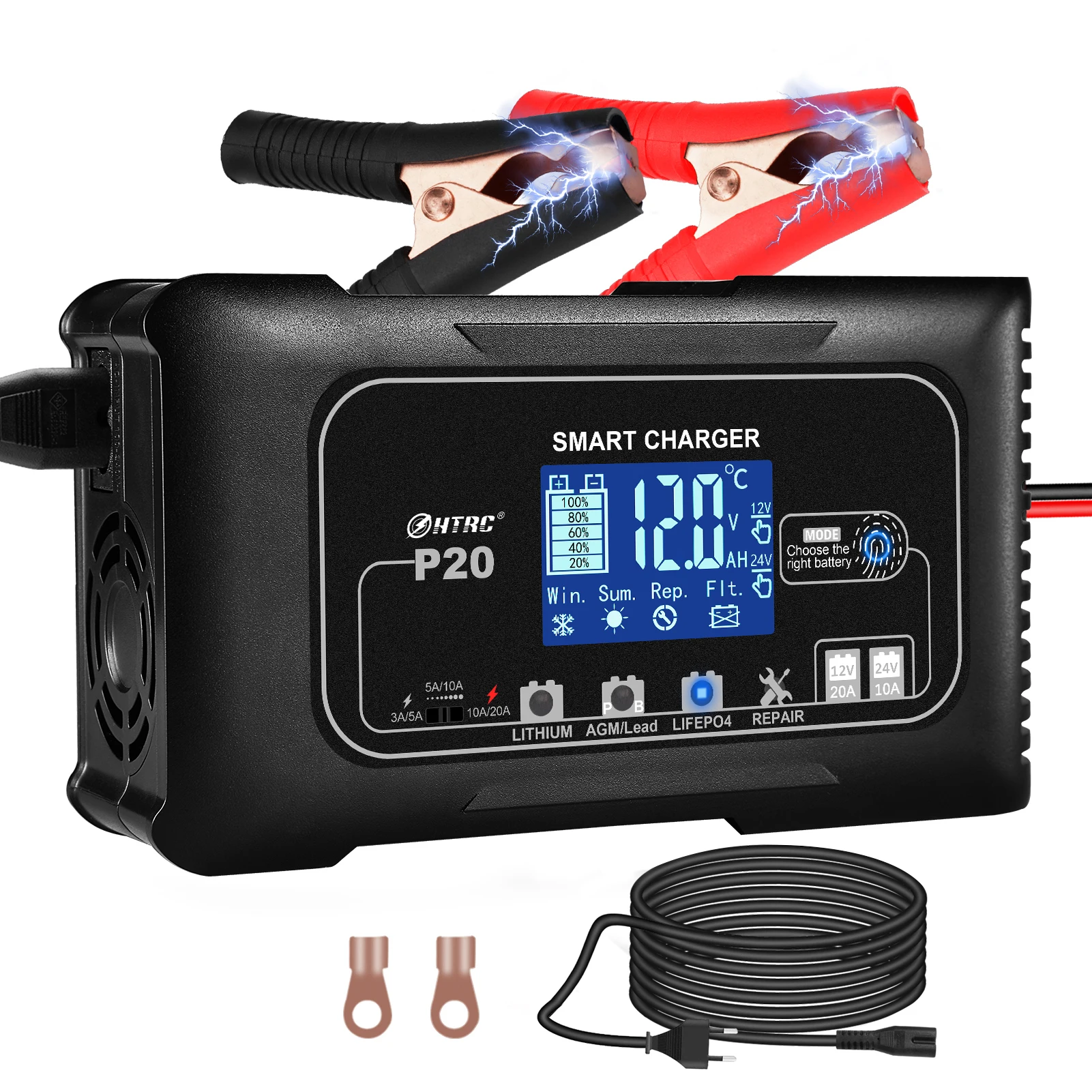Battery Charger 12V/24V 35A/25A/20A Automatic For Car Lithium LiFePO4 AGM GEL