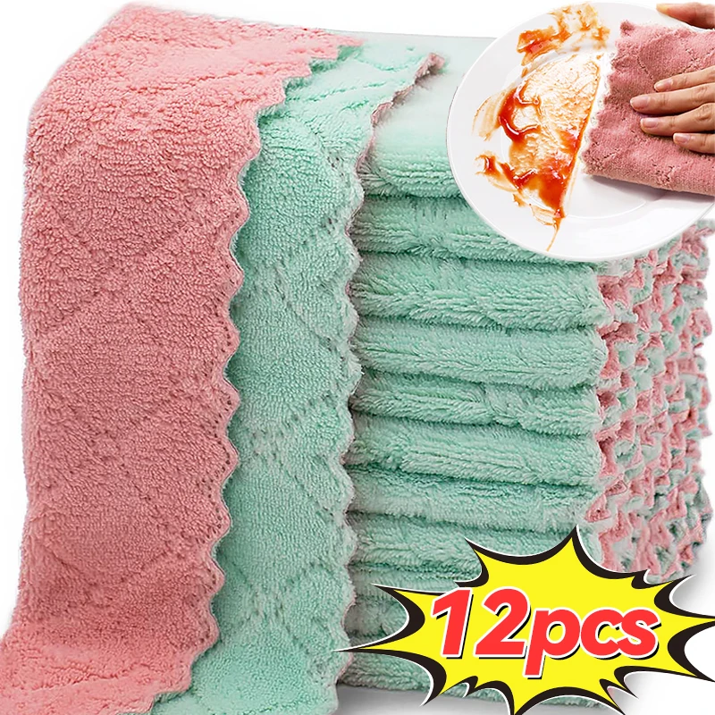 

12/1pcs Double-layer Microfiber Towel Super Absorbent Coral Fleece Cleaning Cloths Kitchen Non-stick Oil Dishcloths Scouring Rag