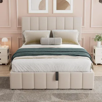 Merax Upholstered Platform Bed with Hydraulic Storage System, Wooden Slat Support and Under Bed Storage, Space-Saving Design, No 3