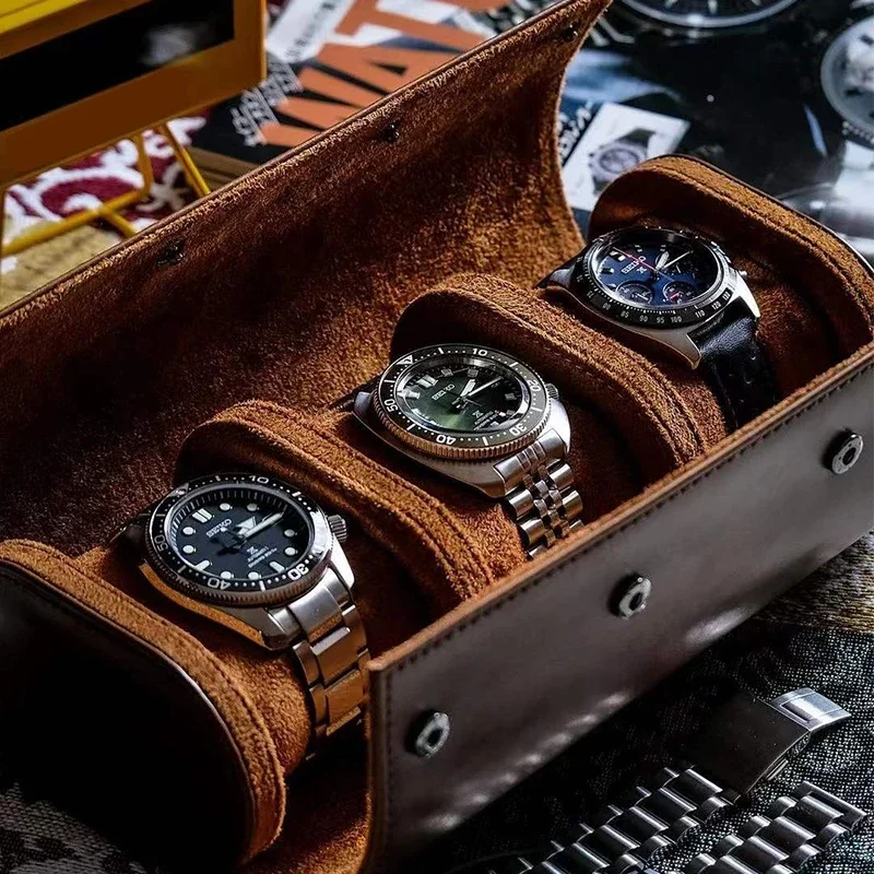 3-Slot Watch Roll Travel Case Vintage Leather Watch Storage Organizer