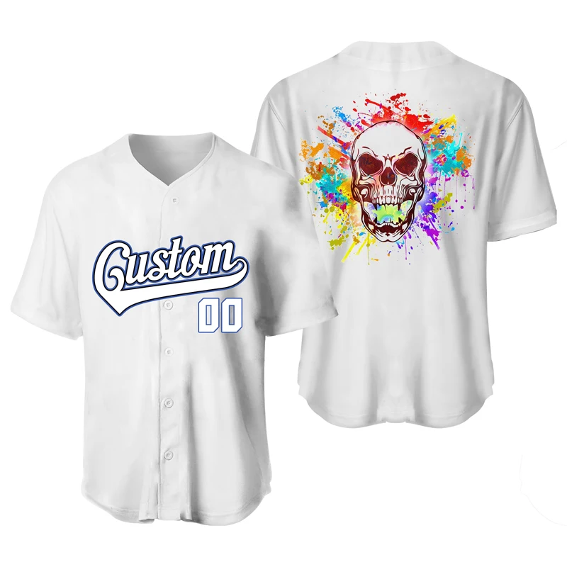 Fashion White Skull Jersey Baseball Uniform Men Shirt Custom