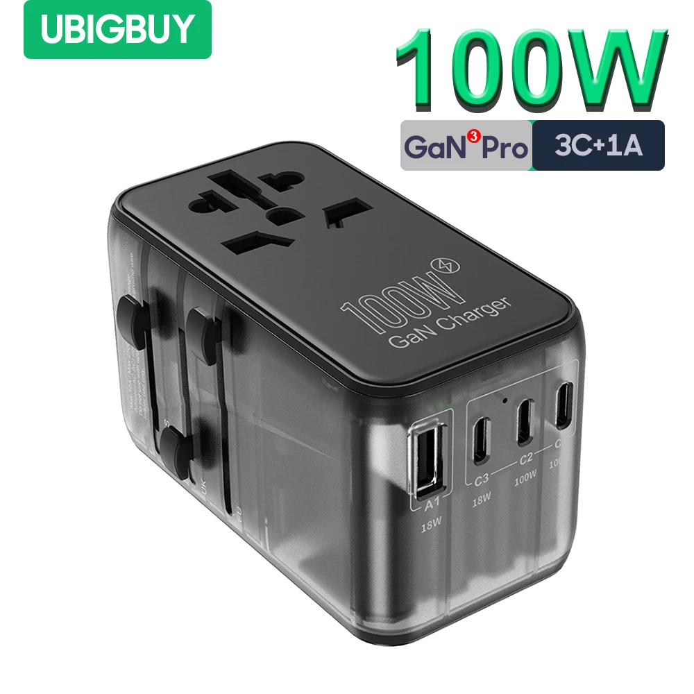 Ubigbuy Universal Travel Adapter 100W Fast GaN International Power Adapter 3PD USB C 1QC USB A Fast Charger US UK EU AU Plug