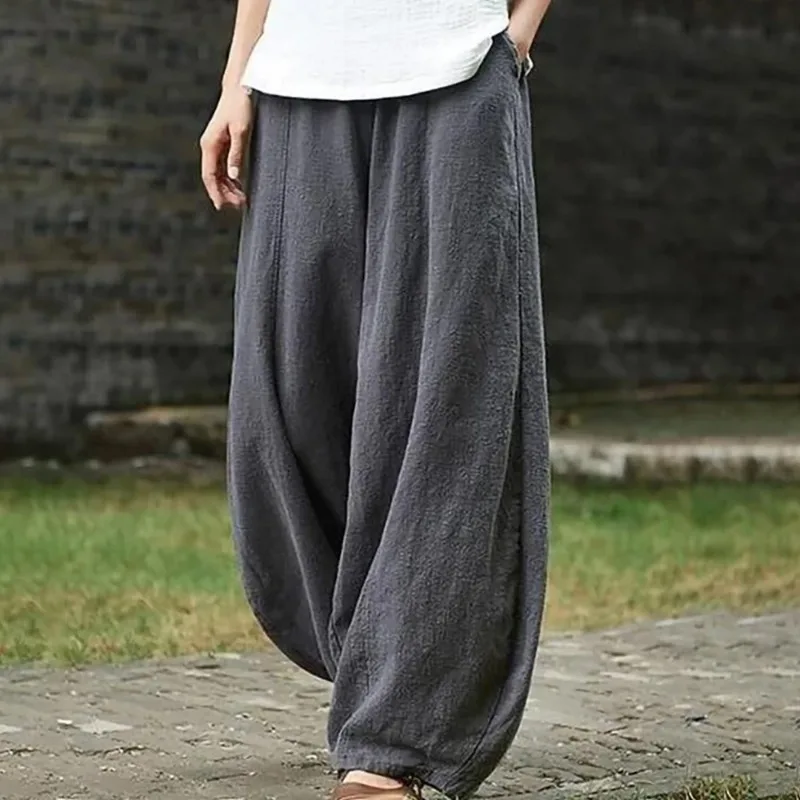 Spring Summer Cotton Linen Style Bloomers Wide Leg Pants Women Vintage Full Length Elegent Pants Solid Waist