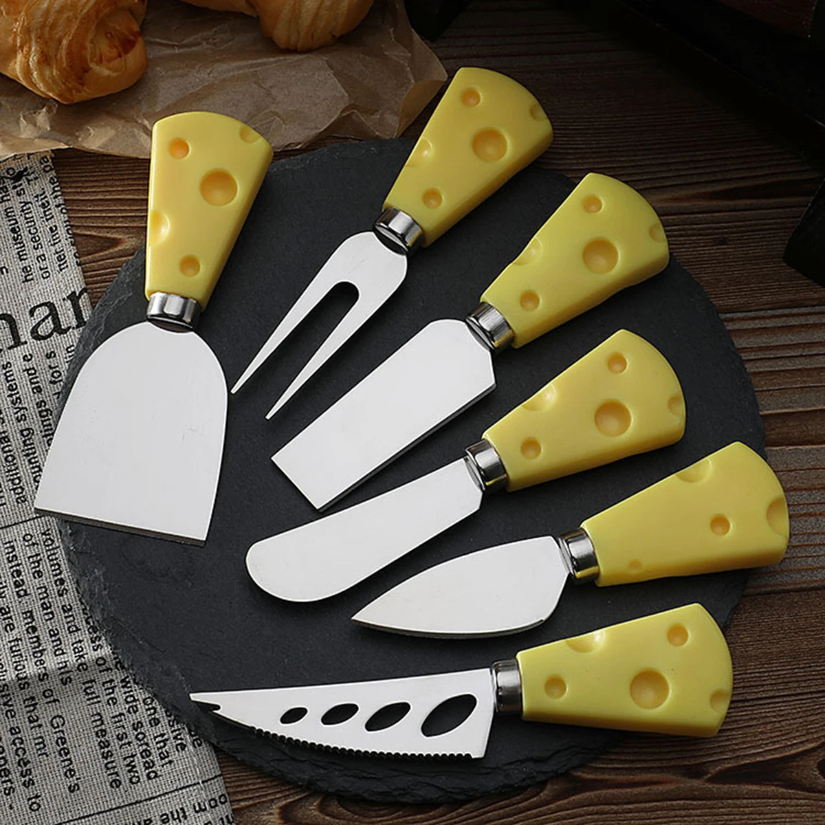 6-Piece Wooden Handle Stainless Steel Cheese Knife Butter Pizza Fork Butter and Cream