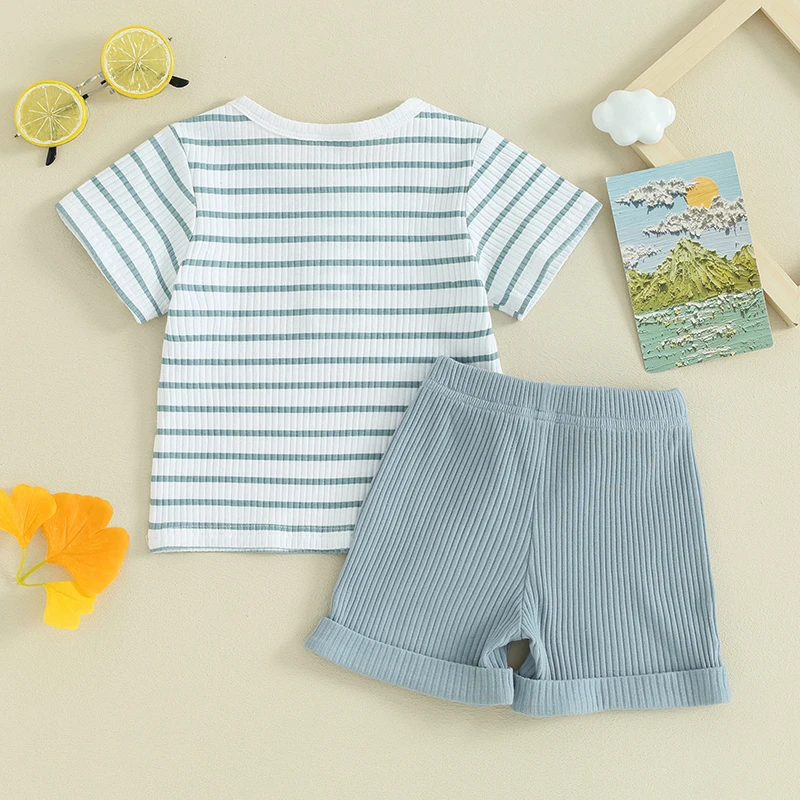 0-3Y Summer Toddler Kids Baby Boys Girls Clothes Sets Cotton Striped Print Button Short Sleeve T-shirts+Shorts Casual Outfits