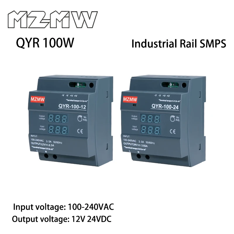 QYR DIN Rail Switching Power Supply Series AC To DC 100W 100-240VAC 12V 24VDC Transformers Industrial Adapter Digital Display