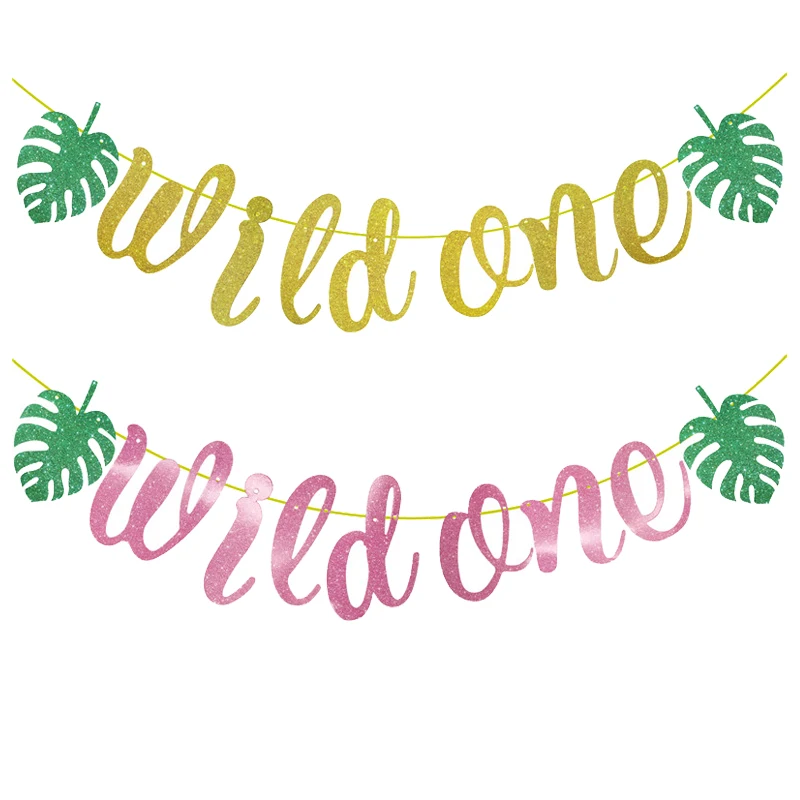 1Set Leaves Wild One Banner Kids 1st Birthday Party Decor Baby Shower Boy Girl 1 Year Bunting Garland Jungle Theme Party Supplie