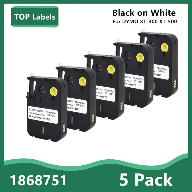 

1~5PK 12mm*7m Compatible1868751 Black on White All-Purpose Vinyl Labels for DYMO XTL XTL-300 XTL-500 Label Makers XTL300 XTL500