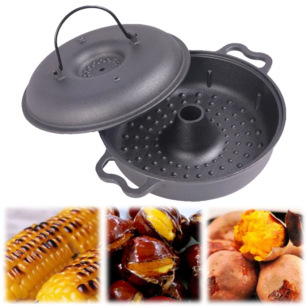 Cast Iron Roasted Sweet Potato Pan with Lid Garlic Baker for Picnic Camping Patio Backyard Cooking