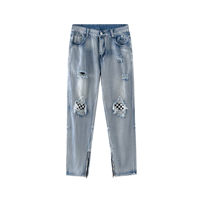 Fashion Streetwear Plaid Ripped Jeans Women Men Korean New High Waist Staight Zipper Denim Pants Mujer S-3XL