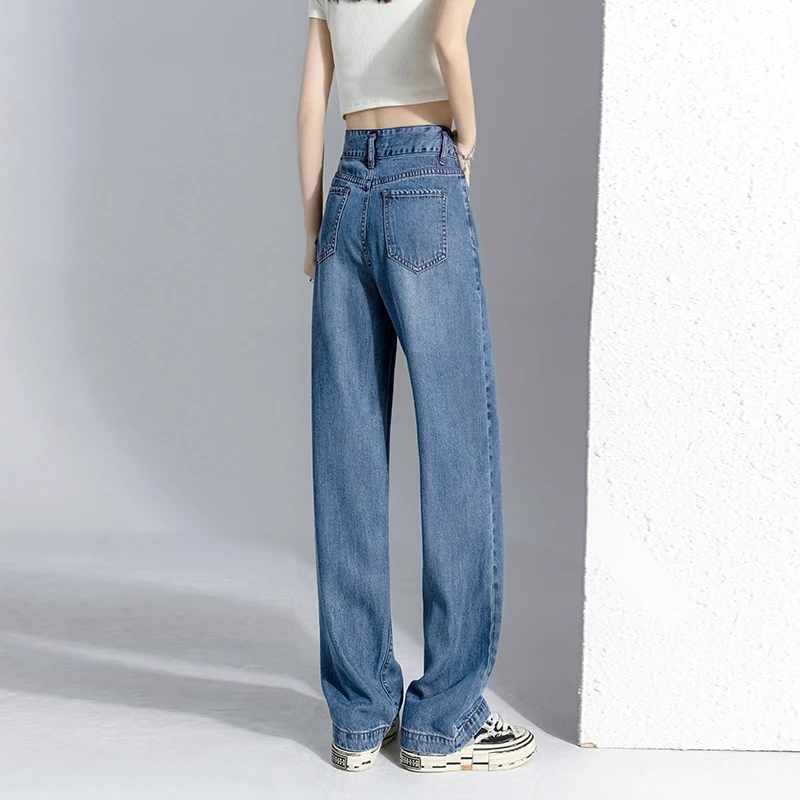 XS-2XL Size Good Quality Ice Silk Jeans Women Summer High Waist Loose Straight Thin Tiansi Denim Trouses Wide Leg Casual Pants