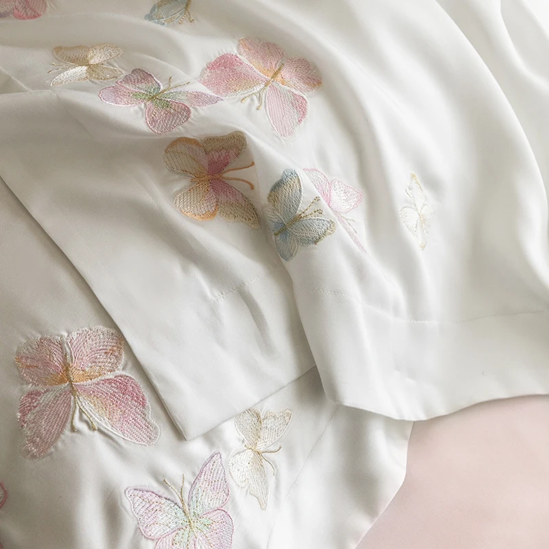 Butterfly Embroidery Luxury Bedding Set 800TC Lyocell Bamboo Fiber Soft Silky Duvet Cover Flat/Fitted Bed Sheet Pillowcases 4Pcs 6