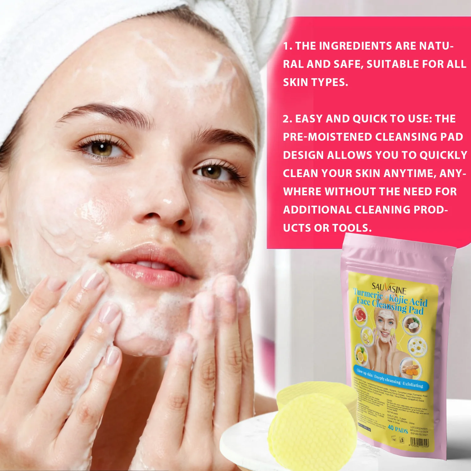 Turmeric Kojic Acid Facial Cleansing Pads Exfoliante Facial Pads Deep Cleansing Clogged Pores Excess Oil Dirt Dead Skin Care 5
