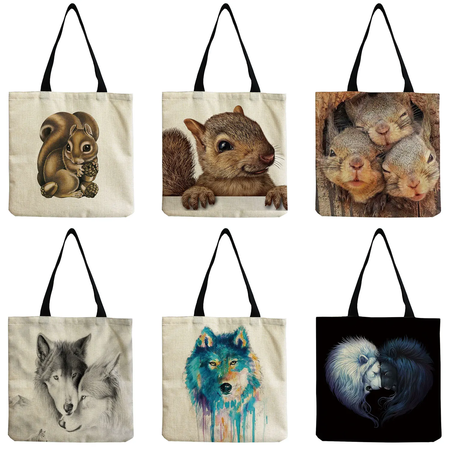 

Women Shoulder Bag High Capacity Portable Eco Friendly Cute Animal Squirrel Cat Dog Print Shopper Bag Tote 2022 Trendy Women's