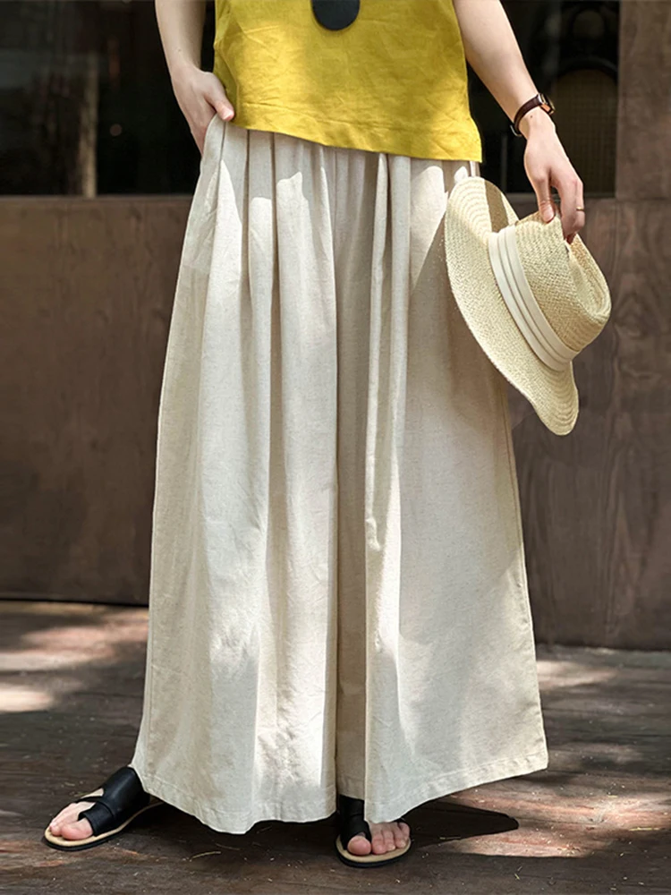 [LANMREM] Elastic High Waist Linen Pants For Women Straight Wide Leg Trousers Office Lady Loose Clothing 2024 Summer New 26D9370