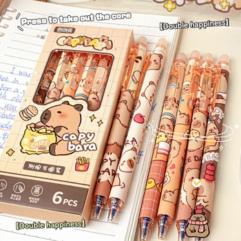 Capybara Erasable Pens 6pcs Refillable Ink Gel Pen Smudge-Free Cute Animal School Supplies for Students Office Stationery Gifts 1
