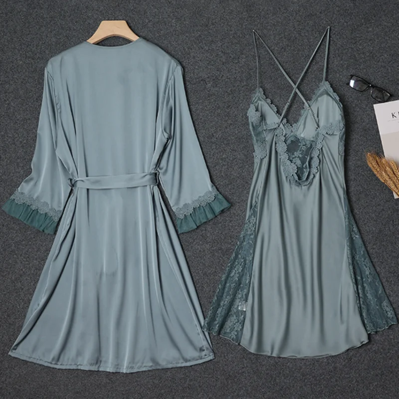 Lace Patchwork Kimono Bathrobe Set Female Sleepwear Twinset Robe Suit With Strap Nightgown Summer Perspective Nightwear Lingerie