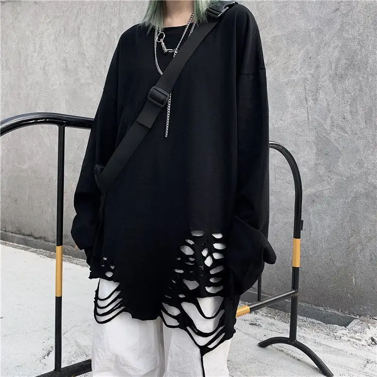 Haruku Women Alt Emo Tshirts Oversized Long Sleeve E Girl Pullovers Hip Hop Punk Streetwear Tees Black Loose T-Shirt_voghion.com