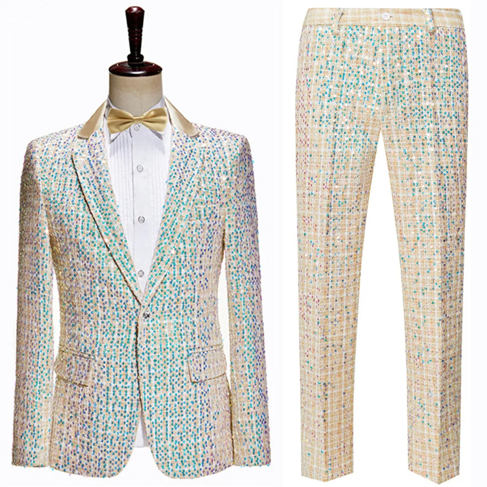 

Plyesxale Champagne Sequin Suits For Men Shiny Mens Wedding Suits Groom Wear Luxury Stage Prom Party Suit Man (Jacket+Pants) Q9