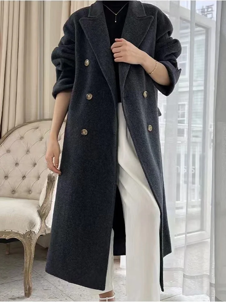 

2023 Autumn Winter Mulberry Silk New Double-sided Cashmere Coat Long Women Natural Wool High-end Lapel Warm Pockets Jacket Femal