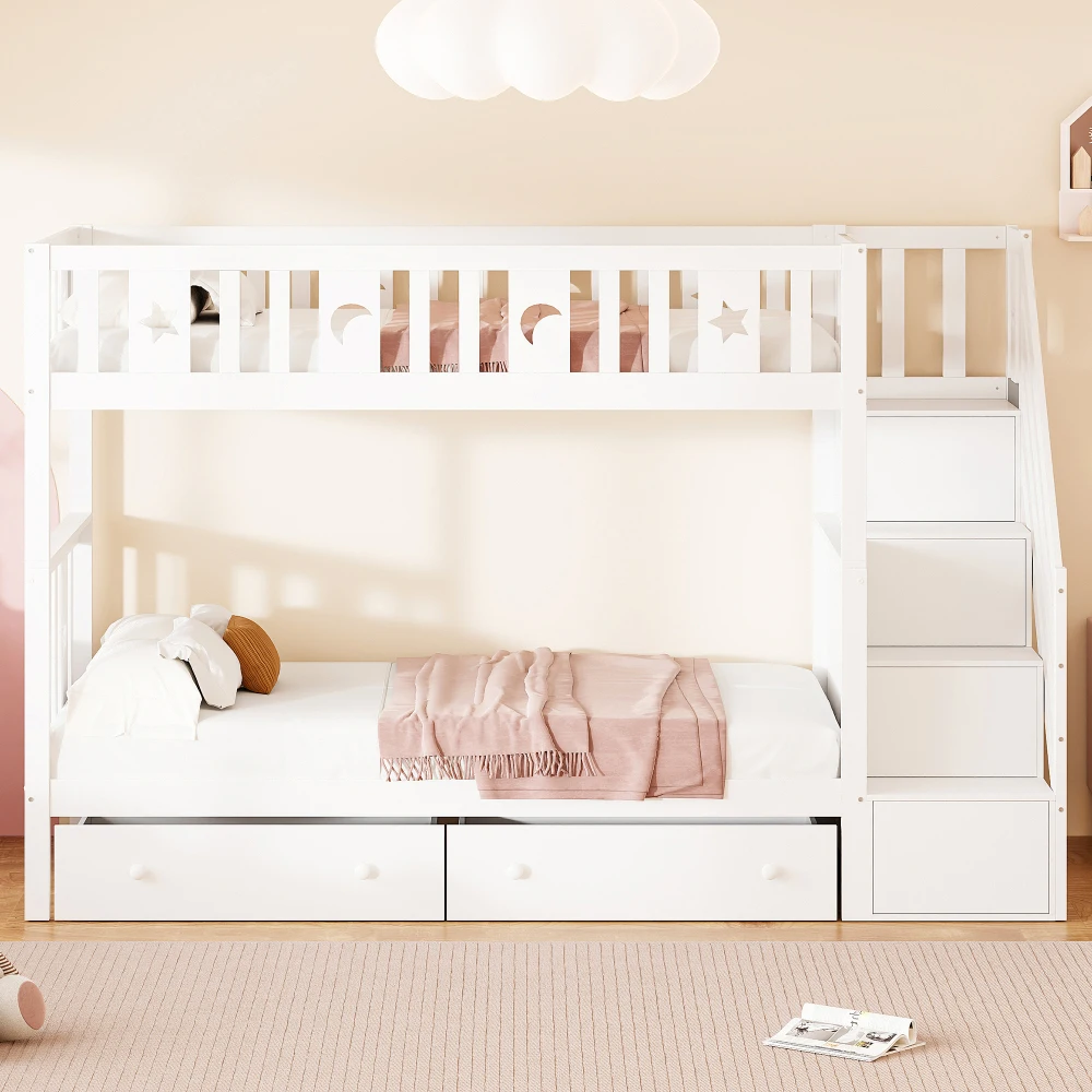 Kinderbett 90*200cm, Etagenbett aus Massivholz mit Sicherheitstreppe, Stauraumtreppe, zwei große Schubladen und Gitter, Weiß – Detail 3